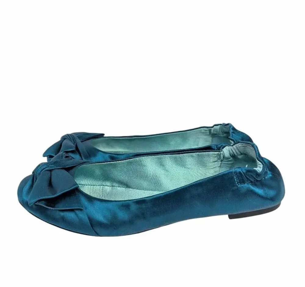 Ann Taylor Peacock Teal Blue satin bow ballet flats womens 9